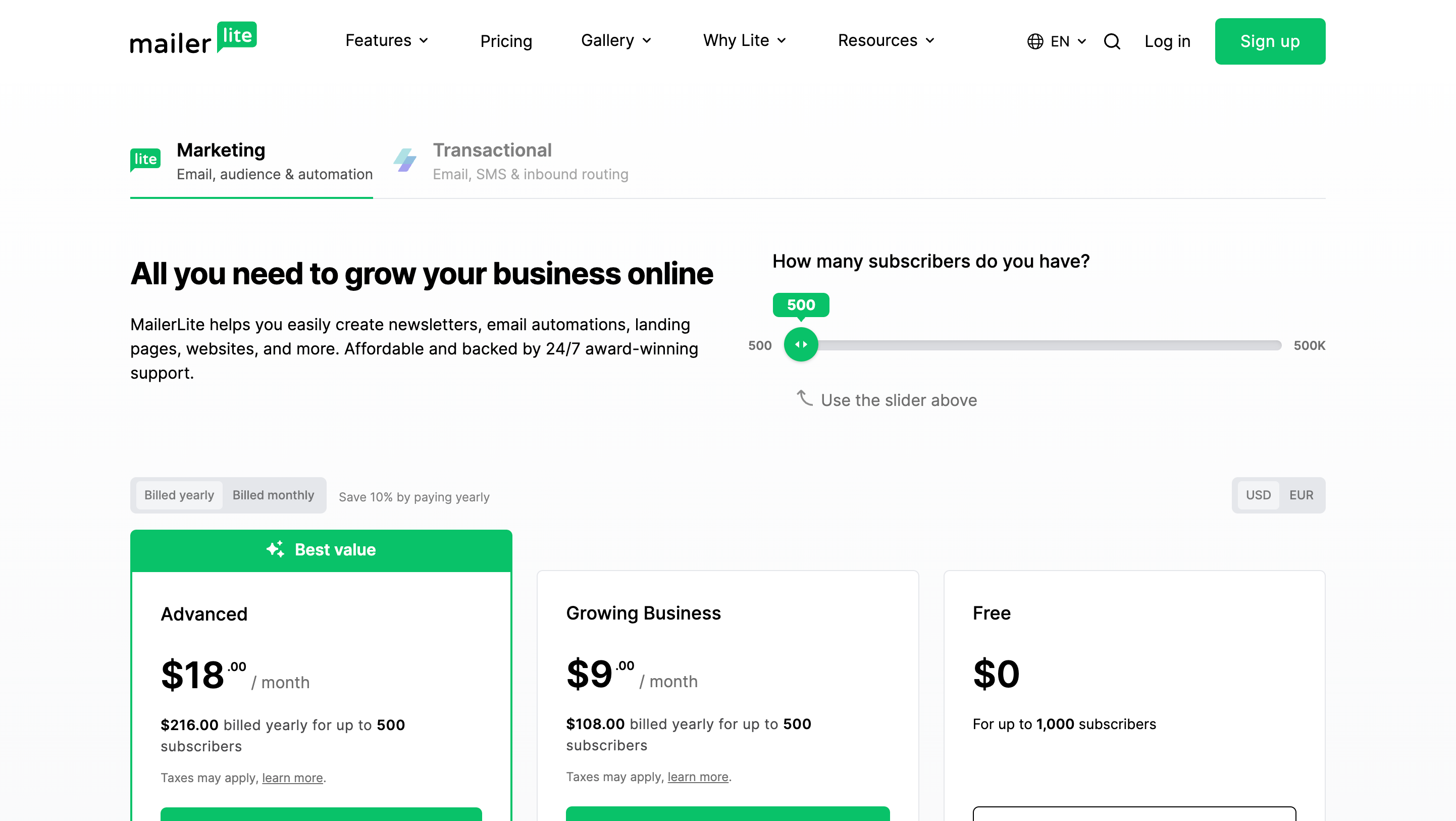 MailerLite Pricing Page
